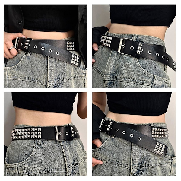 Punk Rock Silver Svart Metall Nitar Pyramid Studs Svart Läder med Bälte. White One size