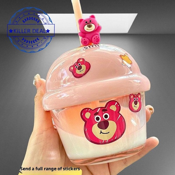 Mini Tecknad Björn Söt Ins Bärbar Glas Vattenkopp Dun Dun Kopp Med Sugrör Glas Dunking Kopp F6k3 Pink 210ml