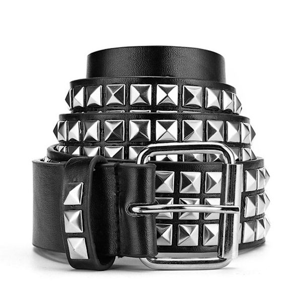 Punk Rock Silver Svart Metall Nitar Pyramid Studs Svart Läder med Bälte. White One size