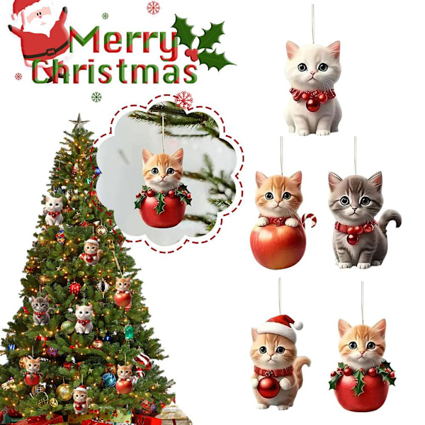 2024 Kattprydnad för Julgran, Julkatt med Tomteluvor Hängande Hänge, Akrylhänge 2D Julkatt Prydnader, Julgran 5 1pcs