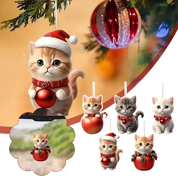 2024 Kattprydnad för Julgran, Julkatt med Tomteluvor Hängande Hänge, Akrylhänge 2D Julkatt Prydnader, Julgran 5 1pcs