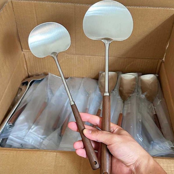 Svampstekspade i rostfritt stål med trähandtag, Mini Wokspade, Non-Stick Panna Rolig Steksked med Långt Handtag A 1pcs