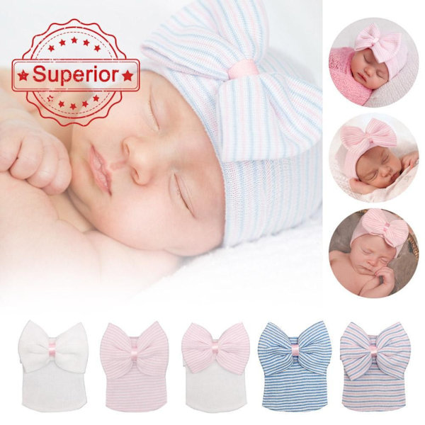 Vår Sommar Stor Rosett Randig Babyhatt Enfärgad Baby Pojkar Flickor Mössa För Nyfödd Turban W0p7 Pink and white stripes One size