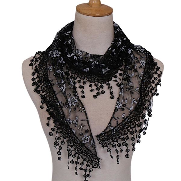 1x Spets Utskuren Tofs Transparent Triangel Sjal Blommiga Scarves Sjalar För Kvinnor black one-size