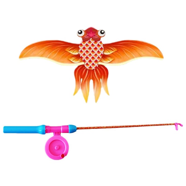 Drake med fiskespö, dynamisk tecknad fågel fjäril handhållen fiskespödrake med handtag örn barn flygande drakleksak Goldfish with fishing rod