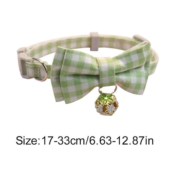 Halsband för hund & katt, valp, justerbart med bjällra och prickig rosett H9A9 green onesize
