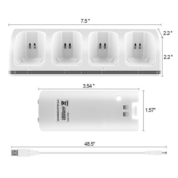 4-i-1 Laddningsstation för Wii & Wii U Fjärrkontroll, Laddare med 4 Uppladdningsbara Batteripaket, 4-Portars Laddningsstation + 4st 2800mAh Rep black 1pcs