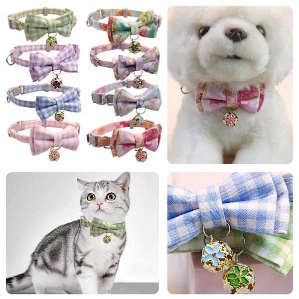 Halsband för hund & katt, valp, justerbart med bjällra och prickig rosett H9A9 green onesize