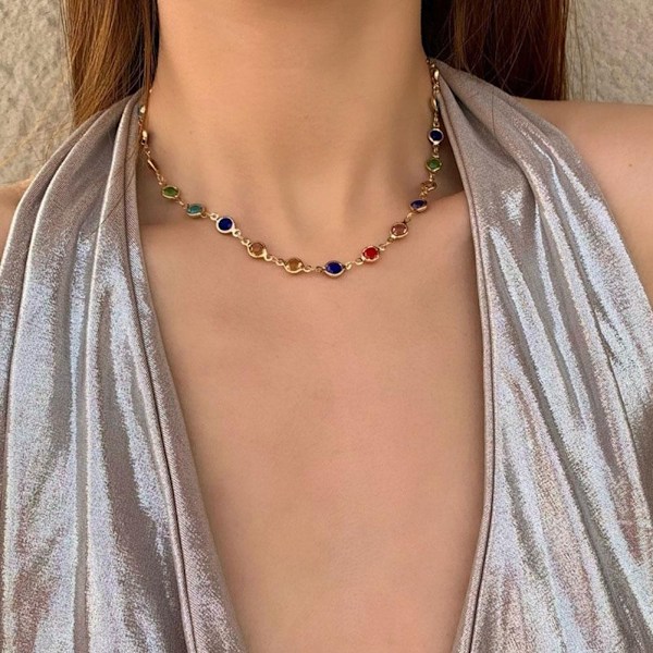 Kort Halsband Ins Stil Färgglad Zirkon Semesterstil Choker Enkel Mode Tjejaccessoarer Q0R8 C 1pcs