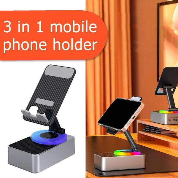 3-i-1 Mobiltelefonhållare, Audio Power Bank, Bluetooth-samtalshögtalare B4M7 Gray one