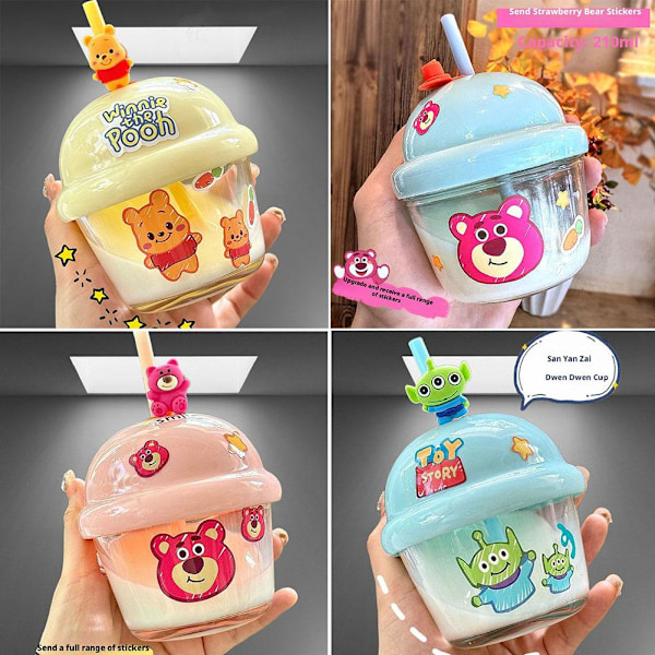 Mini Tecknad Björn Söt Ins Bärbar Glas Vattenkopp Dun Dun Kopp Med Sugrör Glas Dunking Kopp F6k3 Pink 210ml