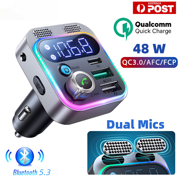 Bluetooth 5.3 FM-sändare MP3 Adapter Laddare Handsfree Dubbla Mikrofoner UK