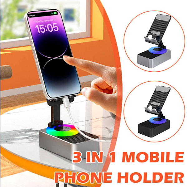 3-i-1 Mobiltelefonhållare, Audio Power Bank, Bluetooth-samtalshögtalare B4M7 Gray one