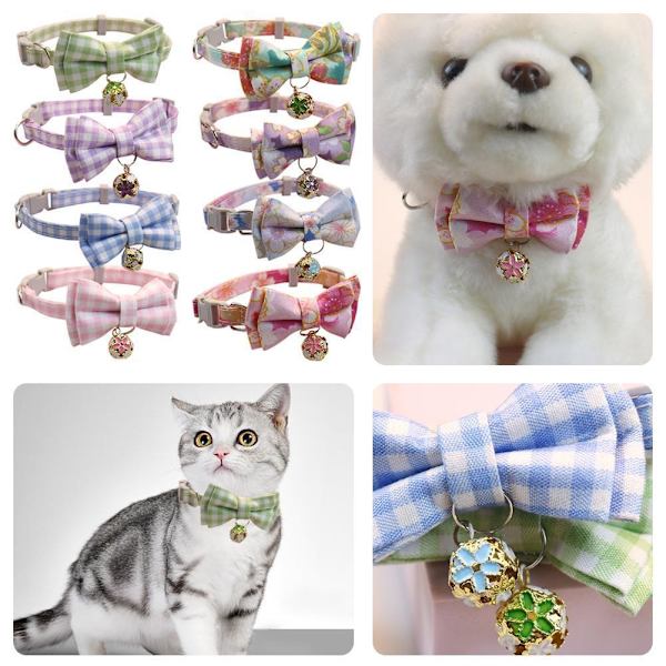 Halsband för hund & katt, valp, justerbart med bjällra och prickig rosett H9A9 green2 onesize