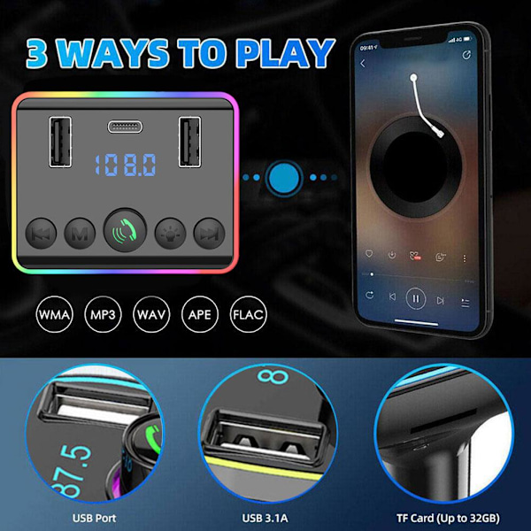 Bil MP3 Bluetooth FM-sändare PD Type-C Dubbel USB Snabb Handsfree U5 G4H3 M7T8