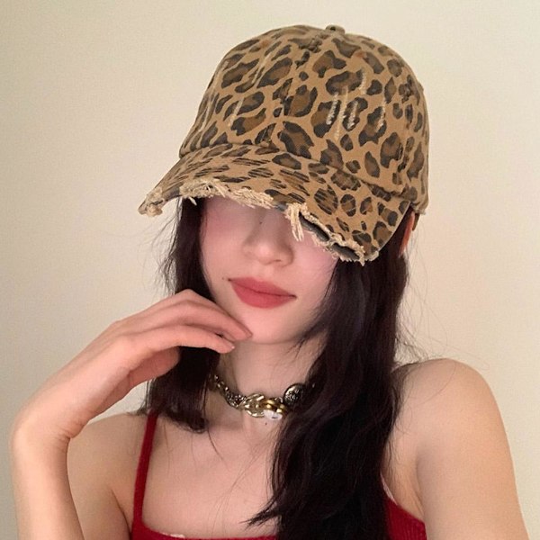 Basebollkeps Leopardmönster Retrostil För Kvinnor Trendig På Stan Cool Personlighet Får Ansiktet Att Se Mindre Ut Spetsig Hatt Solskydd khaki One size