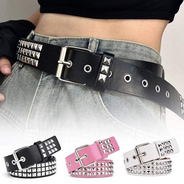 Punk Rock Silver Svart Metall Nitar Pyramid Studs Svart Läder med Bälte. White One size