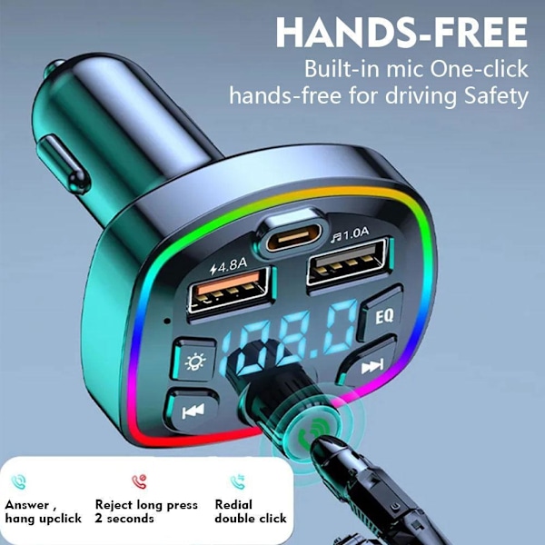 Billaddare FM-sändare Bluetooth 5.0 Handsfree Dubbel True 3.1A Port USB F7E0
