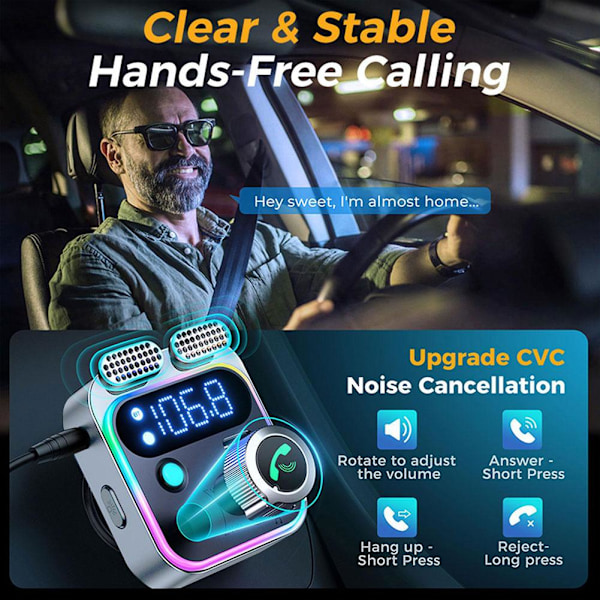 Bluetooth 5.3 FM-sändare MP3 Adapter Laddare Handsfree Dubbla Mikrofoner UK