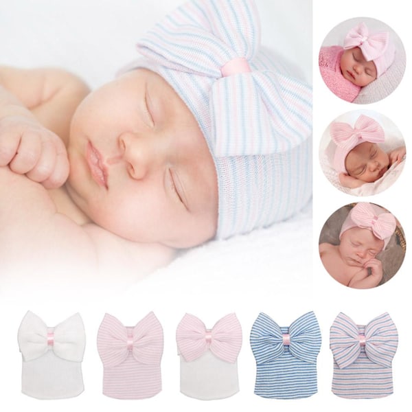 Vår Sommar Stor Rosett Randig Babyhatt Enfärgad Baby Pojkar Flickor Mössa För Nyfödd Turban W0p7 Pink and white stripes One size