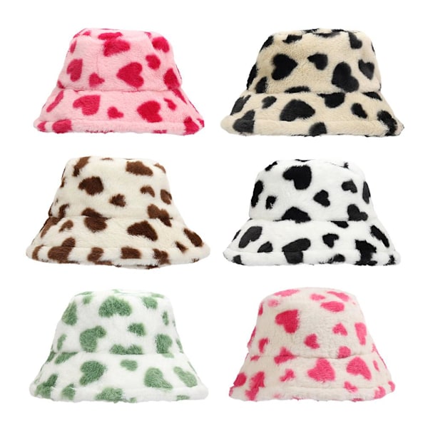 Söt Luddig Kontrastfärg Kärlek Hjärta Plysch Bucket Hatt och Vinter All-match Hatt Dam Hatt Retro O2p9 D M