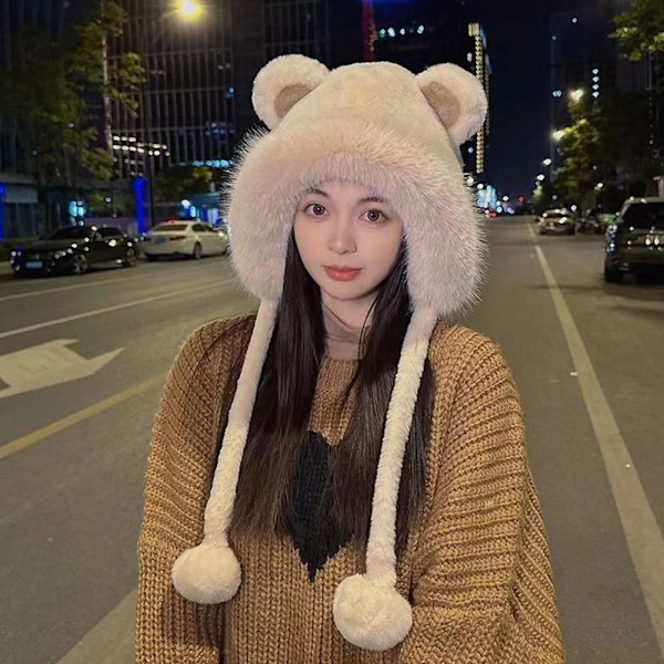 Söt Tvättbjörn Plysch Björn Mössa Dam Vinter Varm Hink Fluffig Mjuk Mössa Öronskydd Mössa A2C3 beige One size