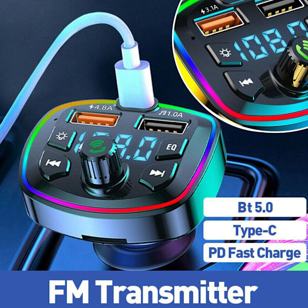 Billaddare FM-sändare Bluetooth 5.0 Handsfree Dubbel True 3.1A Port USB F7E0