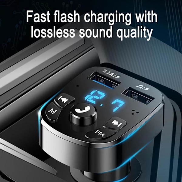 Bluetooth version 5.0 FM-sändare Bilspelar-kit Kort Billaddare Snabb med QC3.0 Dubbel USB Voltmeter & AUX IN/UT DC 12/24V