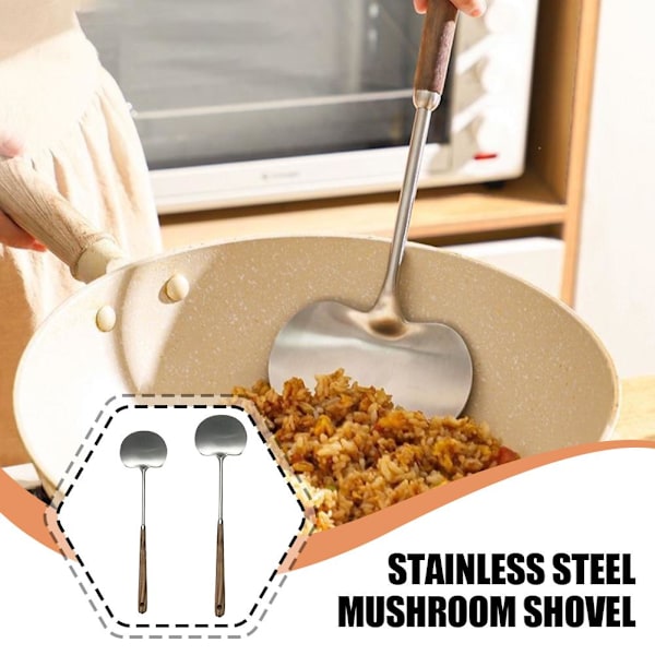 Svampstekspade i rostfritt stål med trähandtag, Mini Wokspade, Non-Stick Panna Rolig Steksked med Långt Handtag A 1pcs