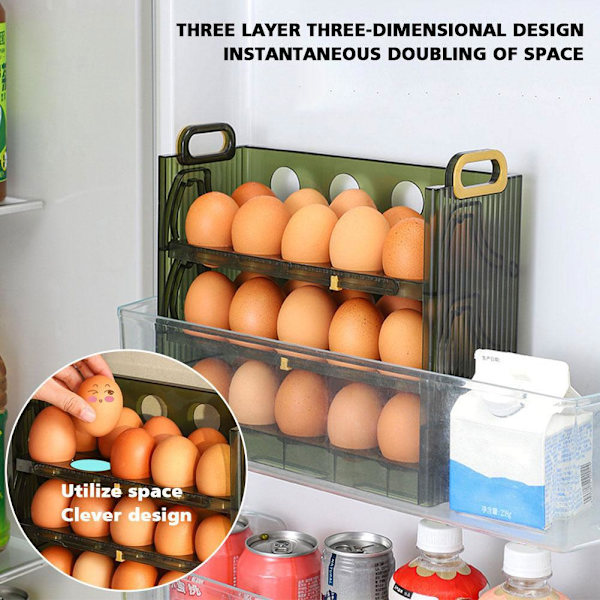 Vändbar Ägg Kylskåpsorganisatör 20/30 Kapacitet Klar Förvaring Kylskåp/s N8X8 greenB three-tier