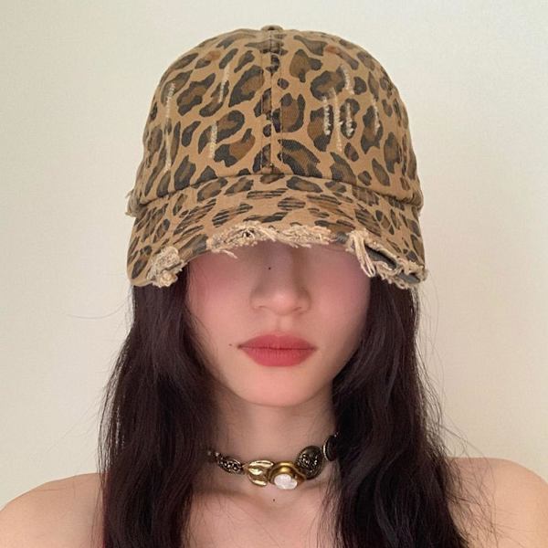 Basebollkeps Leopardmönster Retrostil För Kvinnor Trendig På Stan Cool Personlighet Får Ansiktet Att Se Mindre Ut Spetsig Hatt Solskydd khaki One size