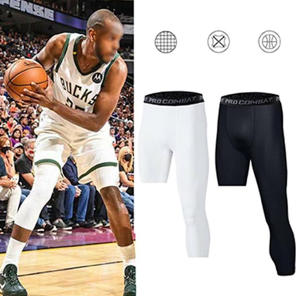 Kompressionsbasketbolltights för män, enbent, kompressionsbyxor, beskurna leggings, sommar GYM-byxor, löparbyxor, träningsbyxor white-left M