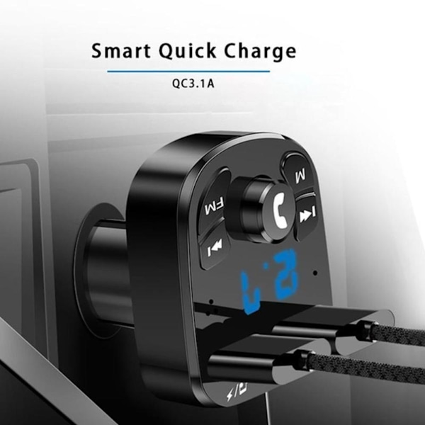 Bluetooth version 5.0 FM-sändare Bilspelar-kit Kort Billaddare Snabb med QC3.0 Dubbel USB Voltmeter & AUX IN/UT DC 12/24V