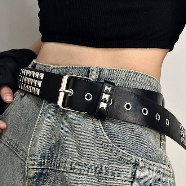 Punk Rock Silver Svart Metall Nitar Pyramid Studs Svart Läder med Bälte. White One size