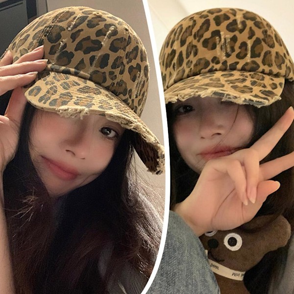 Basebollkeps Leopardmönster Retrostil För Kvinnor Trendig På Stan Cool Personlighet Får Ansiktet Att Se Mindre Ut Spetsig Hatt Solskydd khaki One size