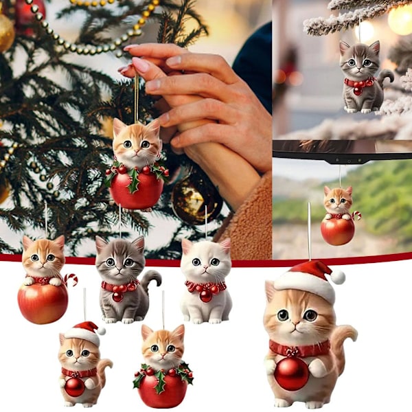 2024 Kattprydnad för Julgran, Julkatt med Tomteluvor Hängande Hänge, Akrylhänge 2D Julkatt Prydnader, Julgran 4 1pcs