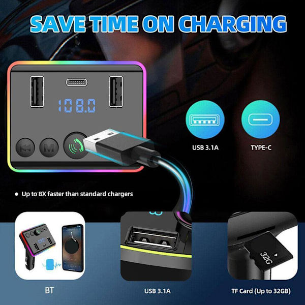 Bil MP3 Bluetooth FM-sändare PD Type-C Dubbel USB Snabb Handsfree U5 G4H3 M7T8