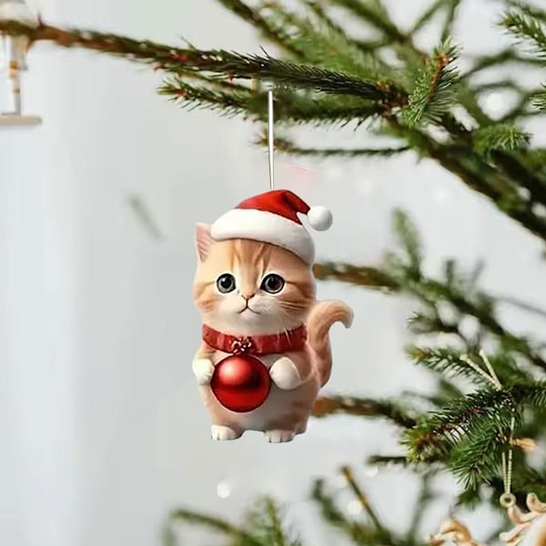 2024 Kattprydnad för Julgran, Julkatt med Tomteluvor Hängande Hänge, Akrylhänge 2D Julkatt Prydnader, Julgran 5 1pcs