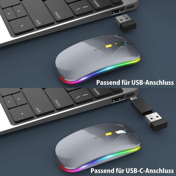 Trådlös Bluetooth dual-mode mus laddningsbar tyst lysande mus - dual-mode Bluetooth lysande - grå