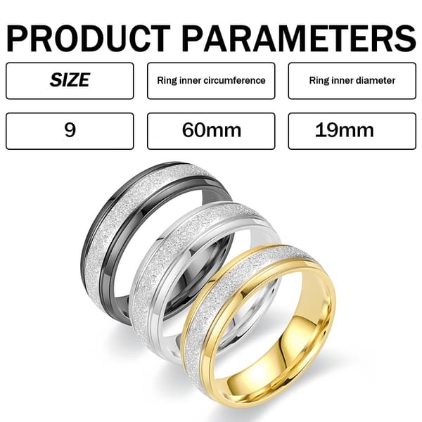 3 stk. Titanium Stål Frostet Ring - Guld + Sølv + Sort - Størrelse 9