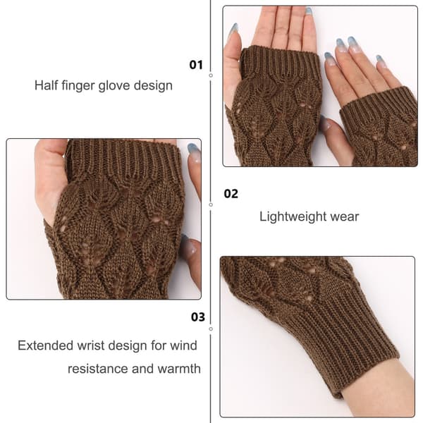 Stickade fingerlösa ullhandskar för höst och vinter - Khaki