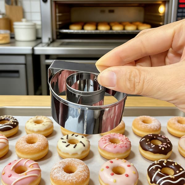 2 runde donutforme i fødevaregodkendt rustfrit stål til bagning af småkager