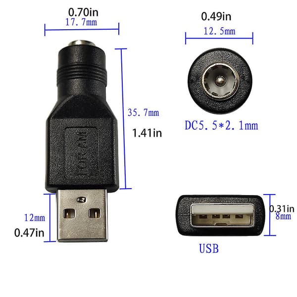 Musta USB-DC-adapteri USB 2.0 A naaras-DC 5.5x2.1mm virtasovitin