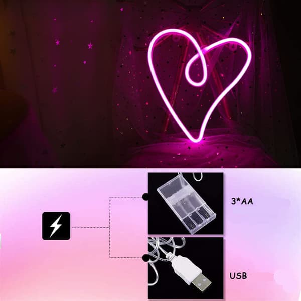 LED Neonlys-Hjerteform (Batteri + USB)-Rosa