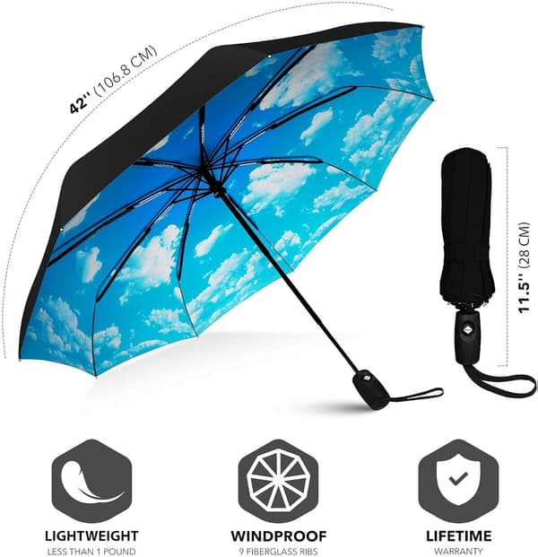 1 stk. automatisk folde paraply (blå himmel og hvide skyer)