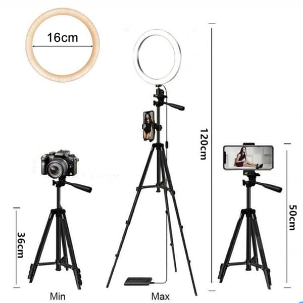 16 cm dimbar ringlampe + brakett + Bluetooth-kontroller + mobiltelefonholder