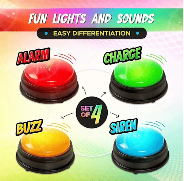 Quiz buzzer system - Et sæt med 4 buzzere med lys og lyd, perfekt til barquizspil.