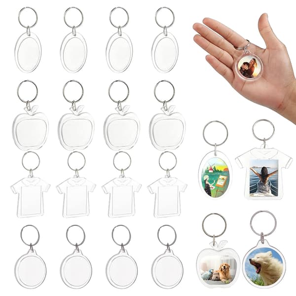 16 st nyckelringar i plast (4 av varje) - klädform + oval form + äppelform + rund form