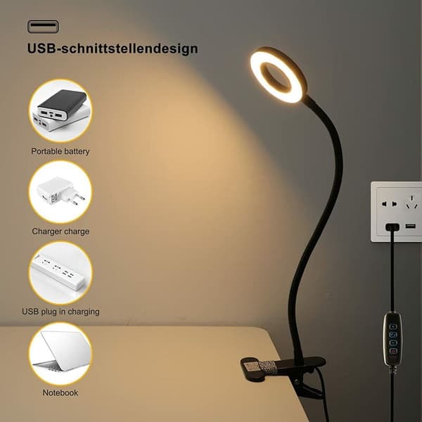 LED Clip Ring Læselampe - Sort Krop + Europæisk Adapter