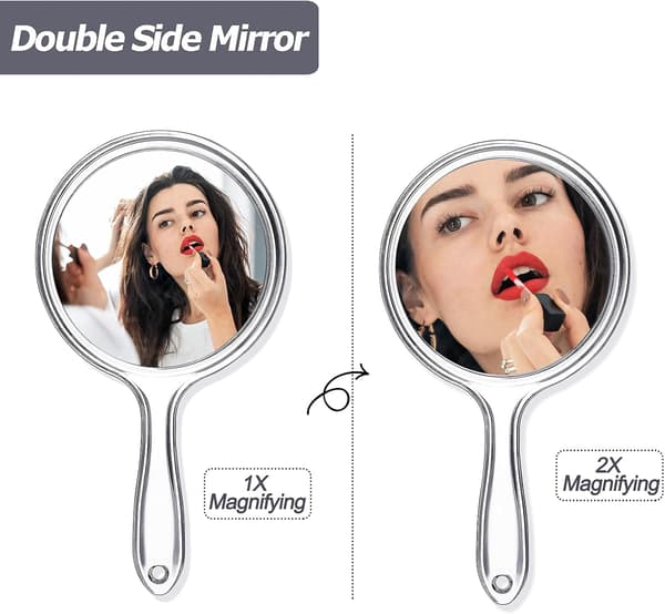 Kaksipuolinen meikkipeili kahvalla, läpinäkyvä väri